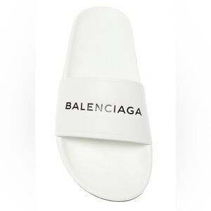 BALENCIAGA | White Leather Logo Slides